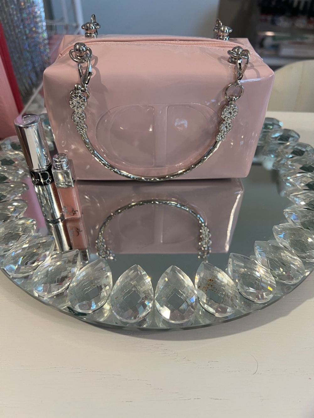 Dior Pink Patent Cosmetic Bag with Silver-Tone Handles- Mini Lip & Mascara